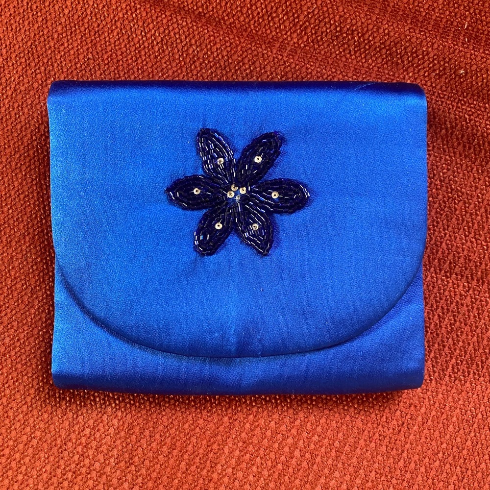 Rene Caovilla silk satin blue beaded flower embroidered envelope clutch bag